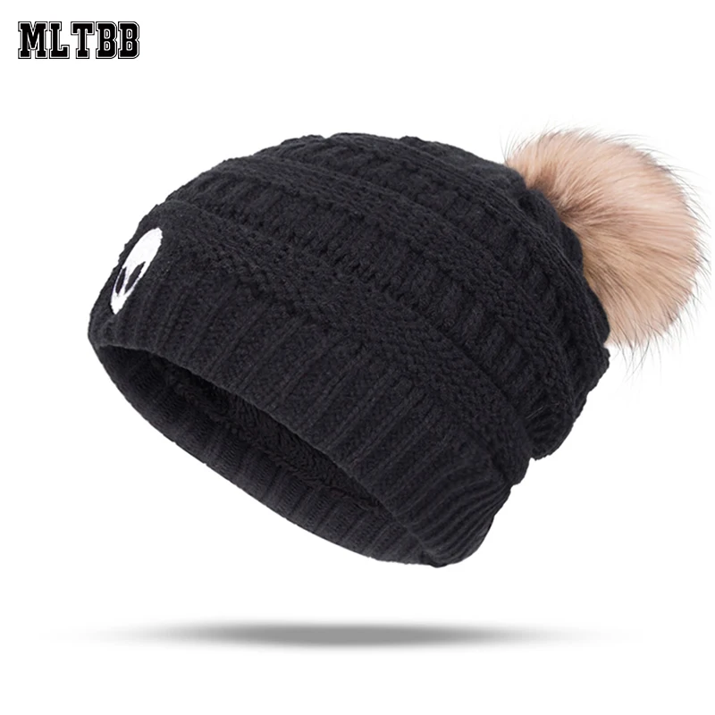 MLTBB, модные зимние теплые шапки для женщин, вязаная шапка, брендовая, повседневная, женская, толстая шапка, шапка с меховым помпоном, шапка Skullies Beanies