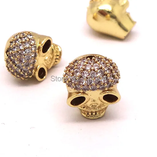 

New Gold Plated Micro Pave Brass Metal Zircon CZ Crystal Punk Skull Head European Charms Hollow Spacer Beads Connectors Findings