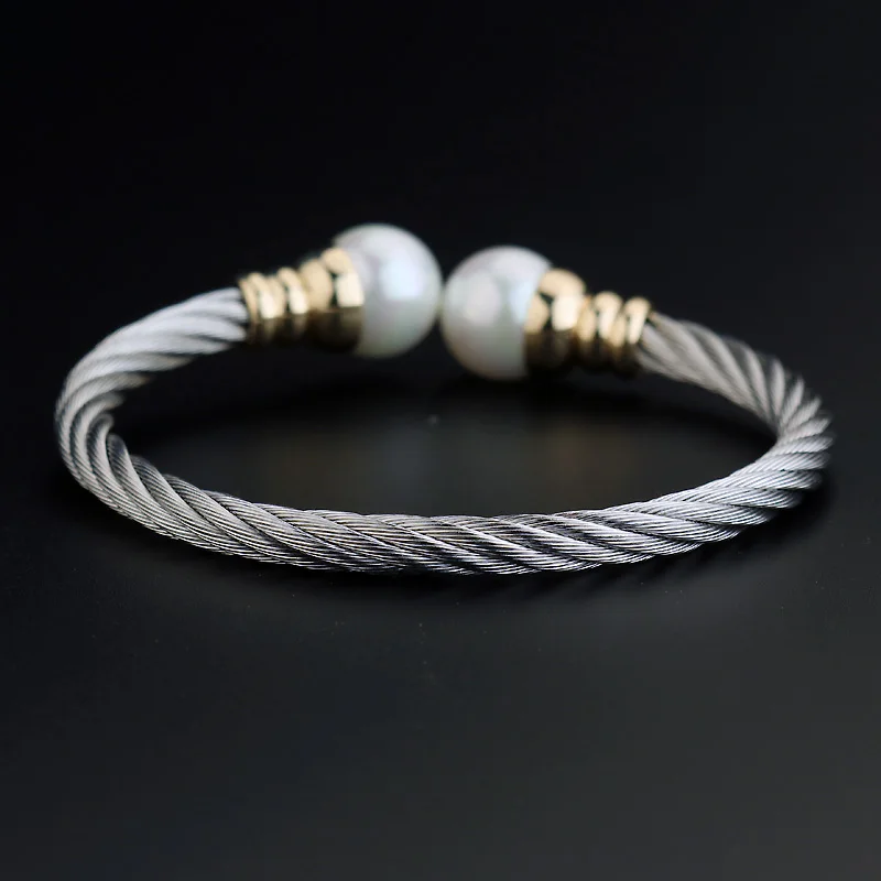 CHRAN Classic Stainless Steel Twisted Cable Bracelets &amp Bangles for Women Fashion Imitation Pearl Costume Brand Jewelry | Украшения и