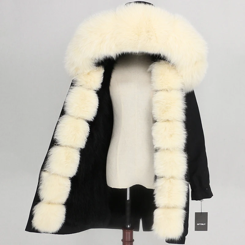 black black beige OFTBUY, водонепроницаемая парка, пальто из натурального меха, натуральный Лисий мех, капюшон, зимняя куртка для женщин, съемная верхняя одежда, уличная одежда, роскошная теплая - Цвет: black black beige