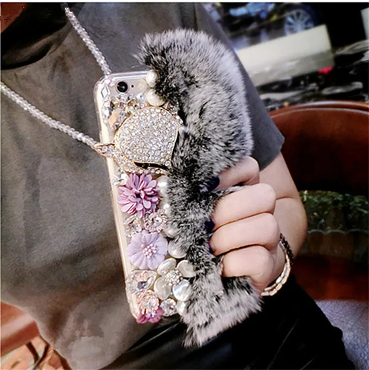 For Xiaomi Redmi 8 9 8A 9A 9C 10X Pro Note 8T 9T 10 4G 5G Cute Soft Fluffy Rabbit Fur Hair Bling Diamond TPU Phone Case | Мобильные