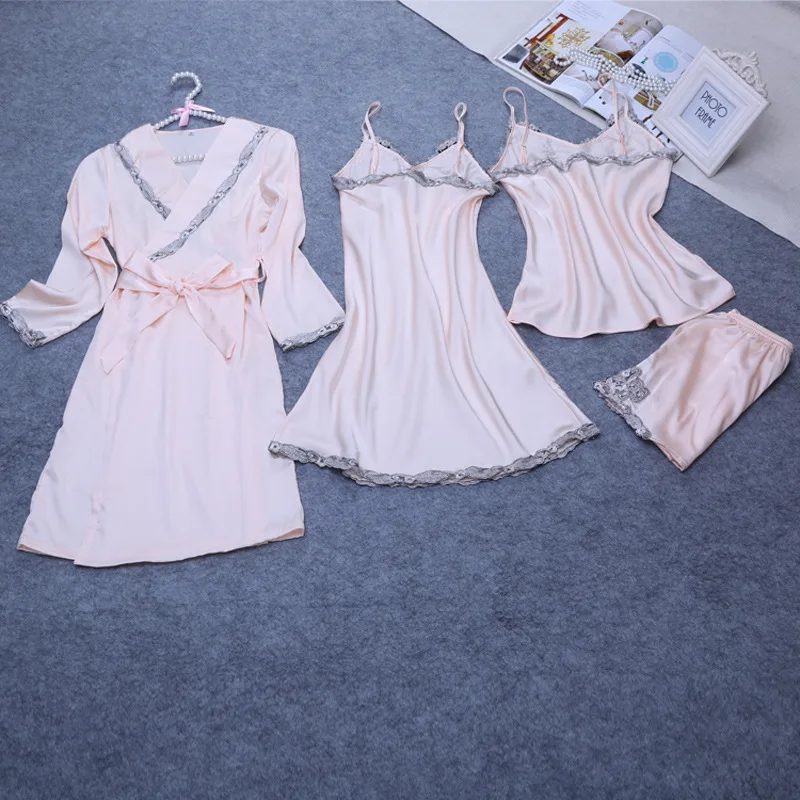 Полоса кружева сексуальные женские шелковые атласные пижамы комплекты халат и