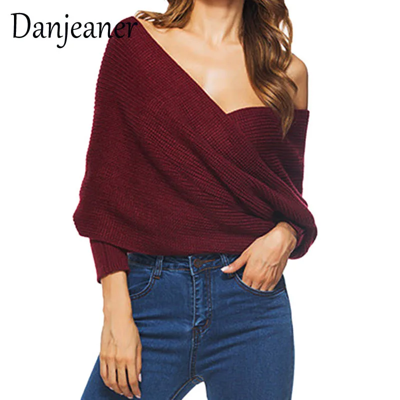 Danjeaner Long Sleeve Sweaters Women 2018 Autumn Sexy Off Shoulder Wrap Knitted Tops V Neck Slim Pullovers Jumper Shawl | Женская одежда