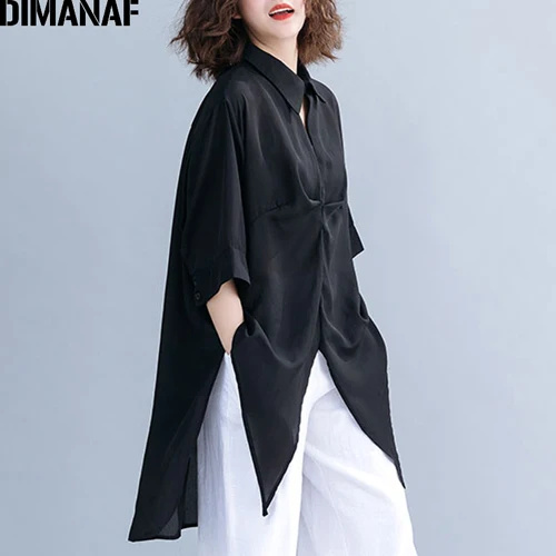 Tao8438CN-hei DIMANAF размера плюс, женская блузка, Длинные рубашки, большие размеры, летние элегантные офисные женские топы, туника, свободная повседневная однотонная женская одежда - Цвет: Tao8438CN-hei