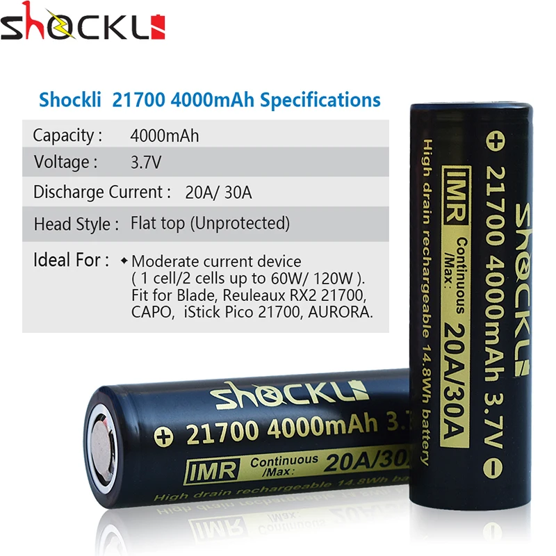 2 шт./Лот батарея Shockli 21700 4000 мАч литий-ионная аккумуляторная 3 7 в литиевая для