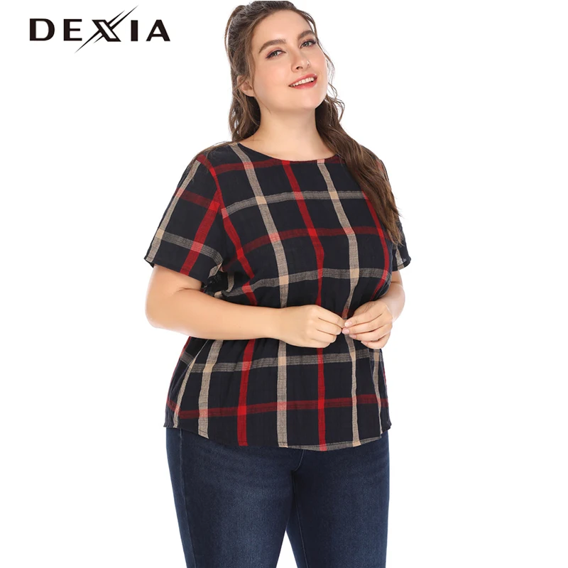 DEXIA плед плюс размер 3XL 4XL 5XL Женская футболка Летняя с круглым вырезом и принтом