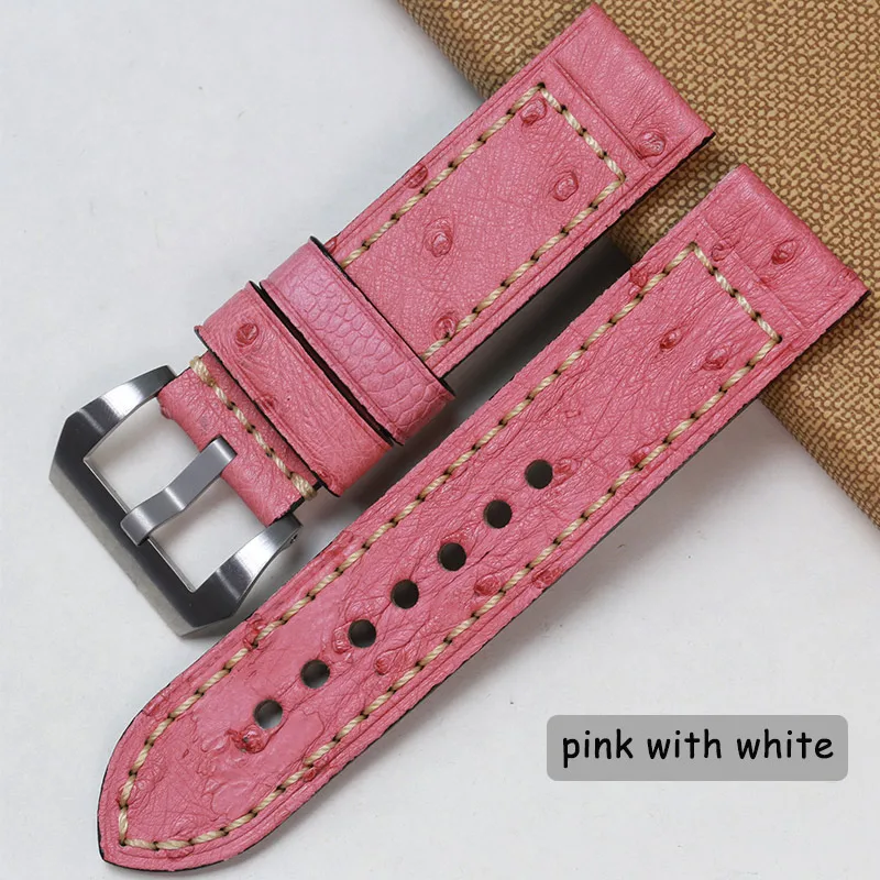 Pink with White Pesno Africa натуральная страусиная кожа часы ремешок черный коричневый серый розовый синий 24 ремешок для часов, мм Мужские аксессуары для часов для Panerai - Цвет ремешка: Pink with White