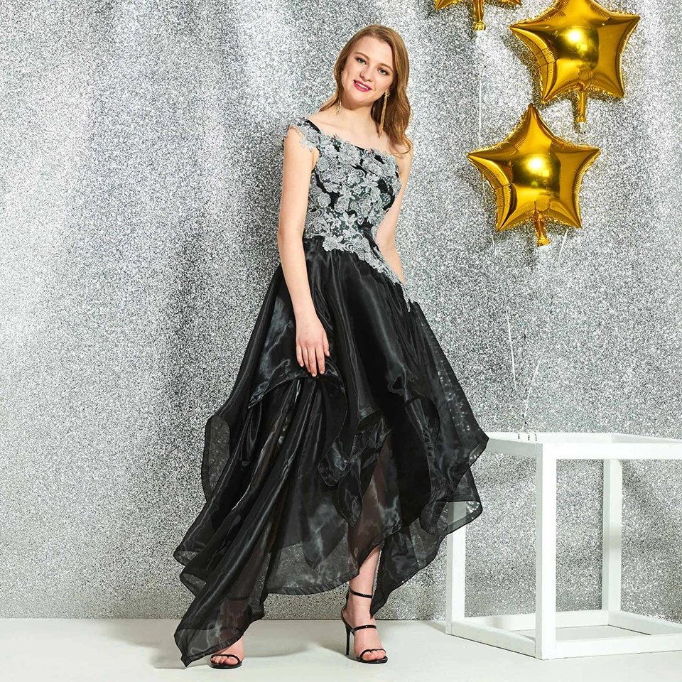 Черное коктейльное элегантное платье Dressv на одно плечо с аппликацией