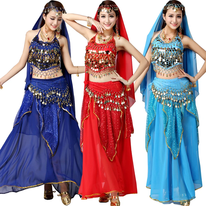 

Роскошный комплект индийских танцевальных костюмов, платье для выступлений, костюм для восточных танцев живота, Женский костюм для бальных...