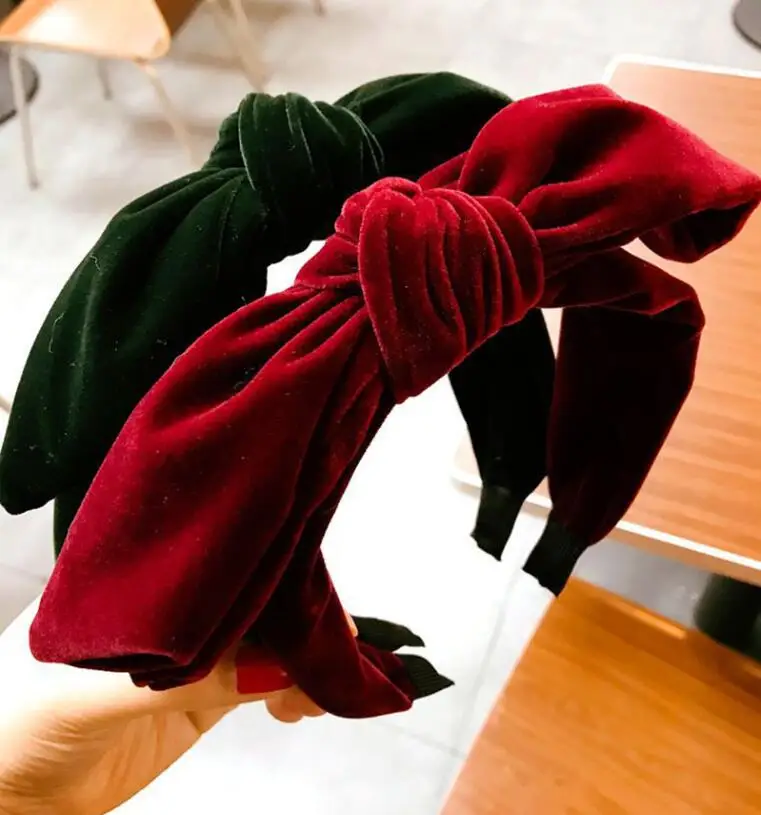 Повязка на голову женская бархатная модный однотонный ободок с узлом и бантом