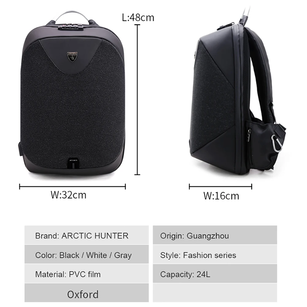 ARCTIC HUNTER 00208, многофункциональный рюкзак с защитой от кражи, с замком, мужской рюкзак, сумка для ноутбука, usb зарядка, водонепроницаемый рюкзак для путешествий