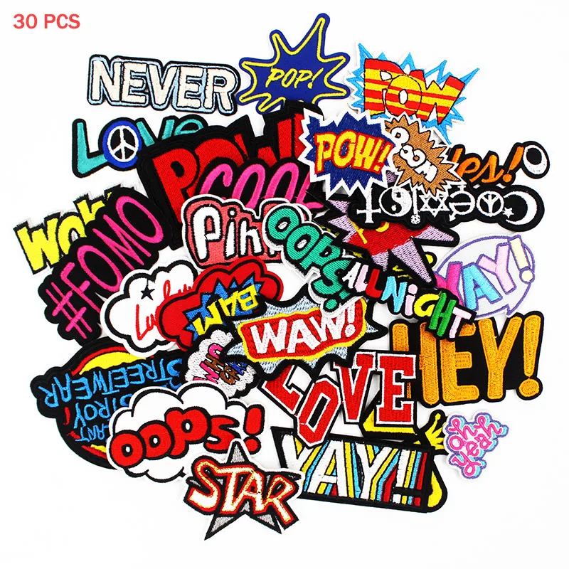 

Wholesale Patches Letters Embroidered Iron on Badges Handmade Fabric Sticker for Clothing Jacket DIY Appliques 30 Pcs a Lot
