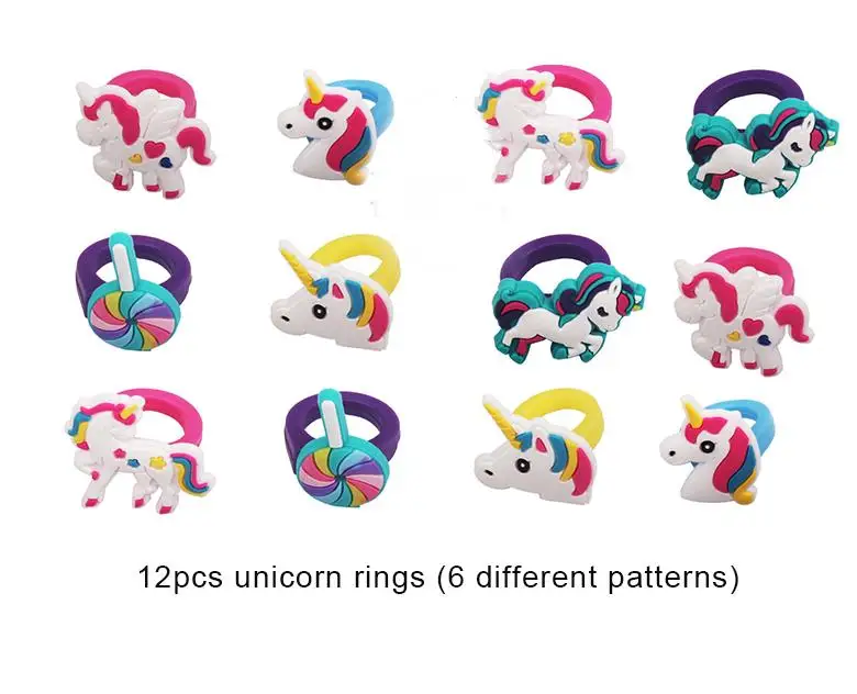 12pcs rings Набор для вечеринки в честь Дня Рождения с единорогом, браслеты/кольца/брелки/ожерелье/тату/заколки для волос, вечерние сумочки с единорогом, вечерние сумочки для принцесс - Цвет: 12pcs rings
