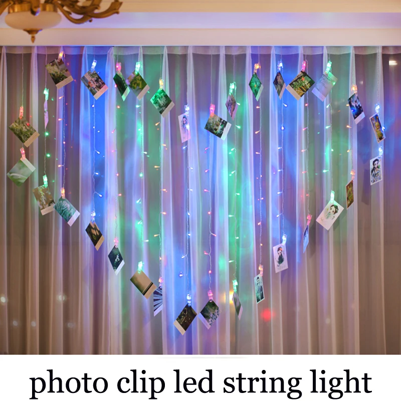 LED String Fairy Light Clip Shape Curtain 128LED 32 Drop Card Photo Clips Xmas Wedding Garland AC220V 2X1.5M | Лампы и освещение - Фото №1