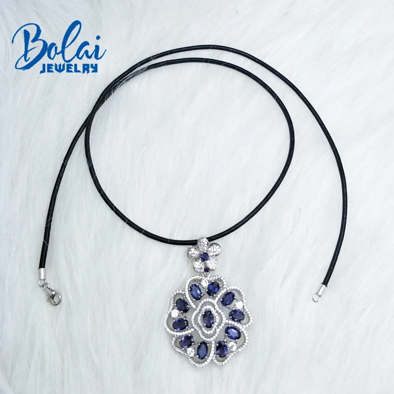 Bolaijewelry, натуральный драгоценный камень иолит кожа аккорд кулон и цепочки ожерелья из стерлингового серебра 925 ювелирные украшения для женщинлучший подарок
