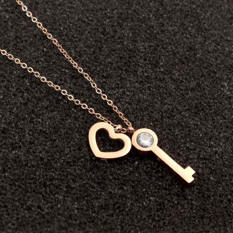 Fashion Stainless Steel Love Crystal Heart Key Pendant Necklace Rose Gold Color Women Girl Party Gift | Украшения и аксессуары