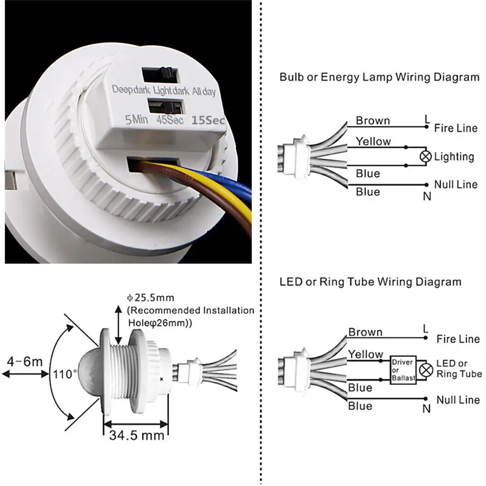 HobbyLane LED Adjustable PIR Detector Infrared Motion Sensor Switch 85-265V Energy Saving | Лампы и освещение