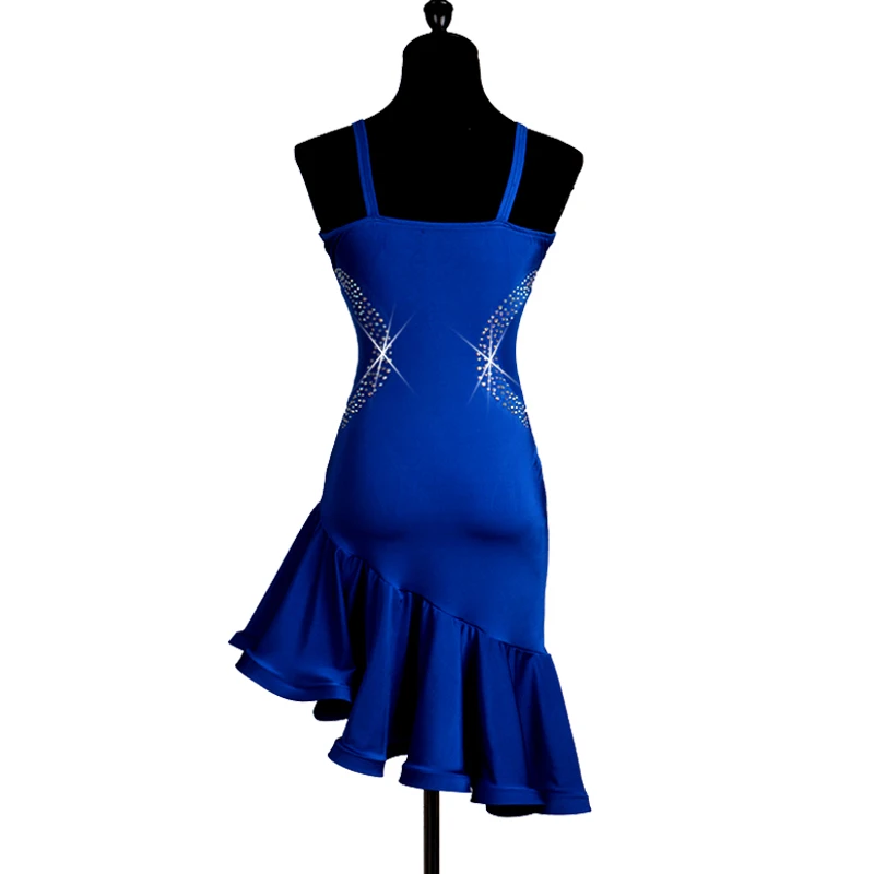 Slim Latin Dance Dress Blue Rhinestone Cha Cha Salsa Samba Rumba Competition Dress Women Tango Performance Dancing Wear DC2492