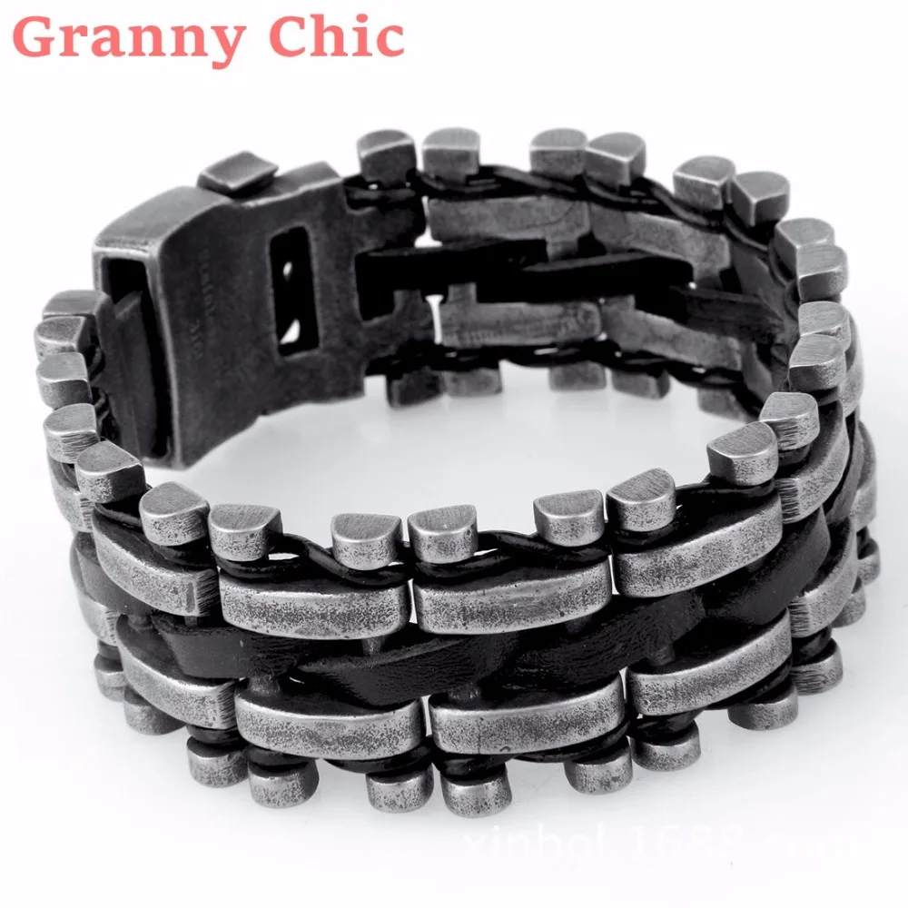 

Мужской браслет из натуральной кожи Granny Chic, классический браслет из нержавеющей стали 8,66 дюйма для мальчиков