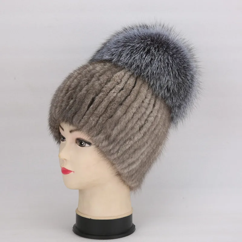 New Style Gourd Shape Cap Winter Hat For Women Natural Mink Fur Cap With High Quality Fox Fur On The Top Real Natural Color