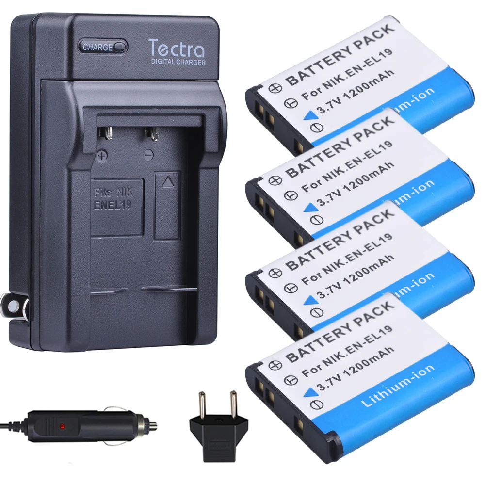 Tectra 4PCS ENEL19 EN EL19 Bateria + Цифровое зарядное устройство для Nikon Coolpix S32 S33 S100 S2500 S2750 S3100 S3200