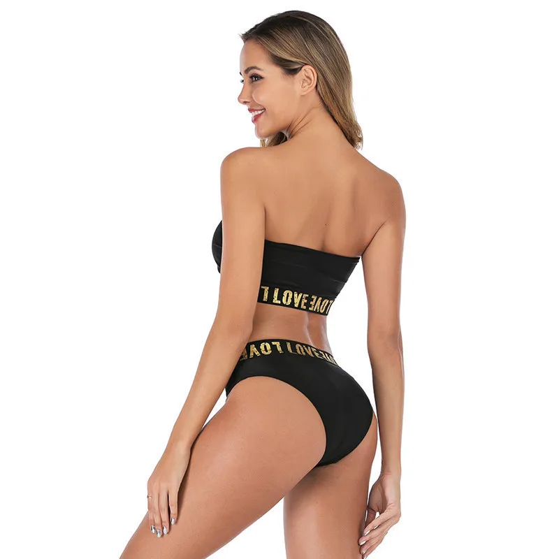 Бикини женское черное с надписью высокой талией купальный костюм пуш-ап 2019 |