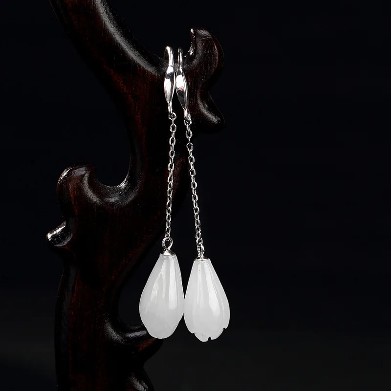 

2018 New Arrival Brinco Real S925 Pure Natural Hetian Jade Magnolia High-grade Contracted Joker Woman Earrings Pendant