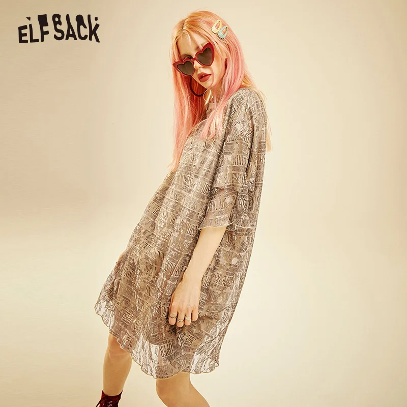 ELFSACK винтажное женское платье с буквенным принтом и сеткой повседневное
