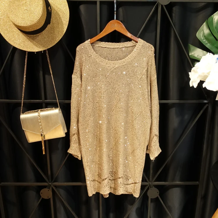 Cakucool Для женщин весенние платья блестками Bling Длинные Фонари рукав вязаный Vestido