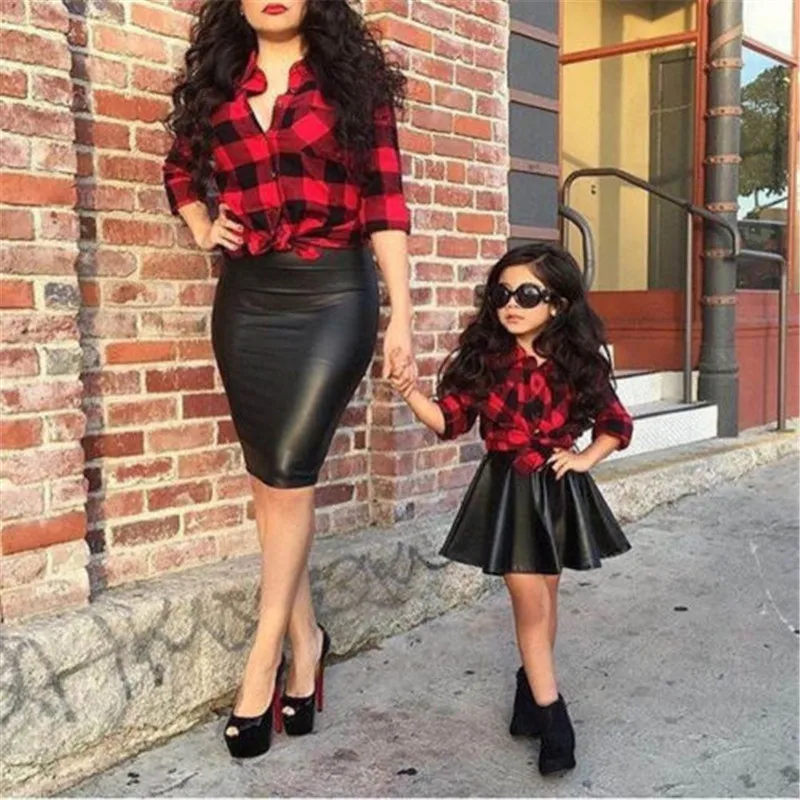 Fashion Girls Kids Princess Plaid Long Sleeve Tops Leather Skirt Summer Outfits 2PCS Cotton Clothes | Мать и ребенок