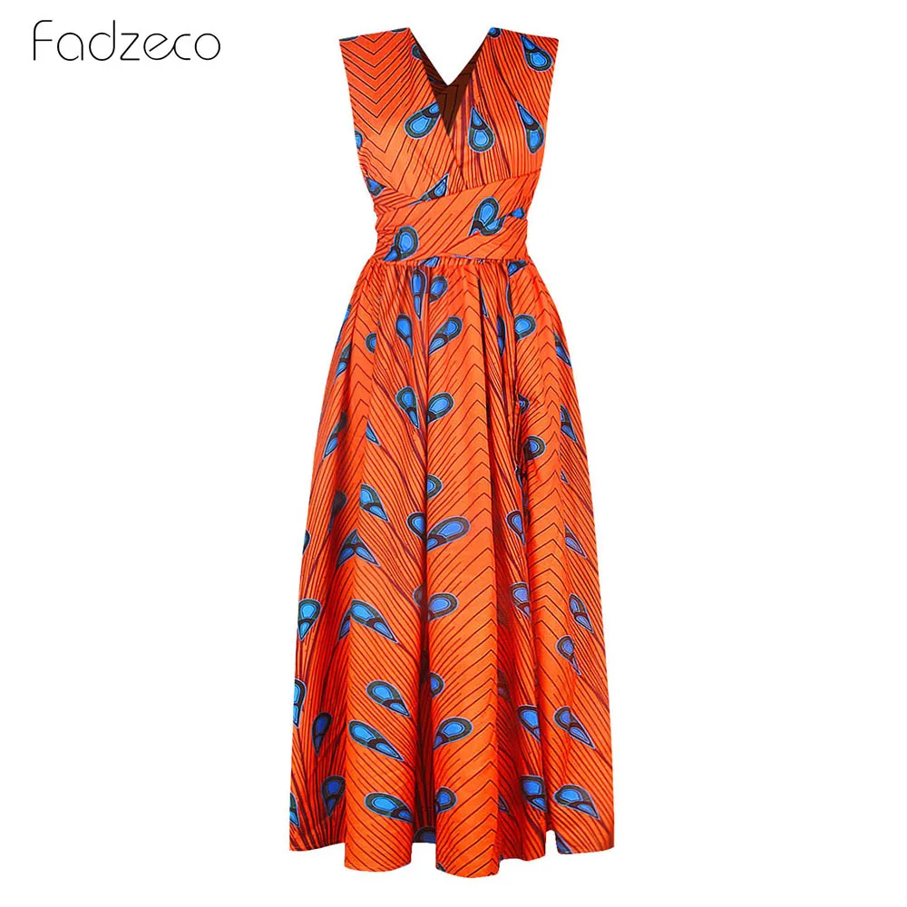 Orange Fadzeco Summer African Dresses for Women New Fashion Robe Dashiki Dress Ethnic Print Backless Sexy African Dress - Цвет: Orange