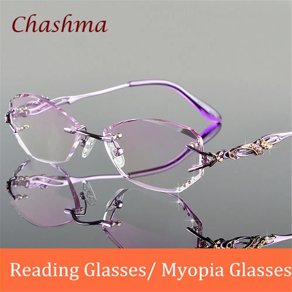Chashma-lentes tintadas de lujo para miopía, gafas de lectura de titanio, lentes de Color sin montura de diamante, gafas graduadas con montura para mujer