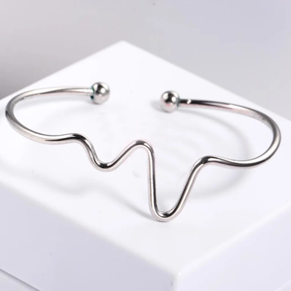 Fashion Simple Women Heart Beat Rhythm ECG Wave Open Ended Bangle Bracelet Party | Украшения и аксессуары