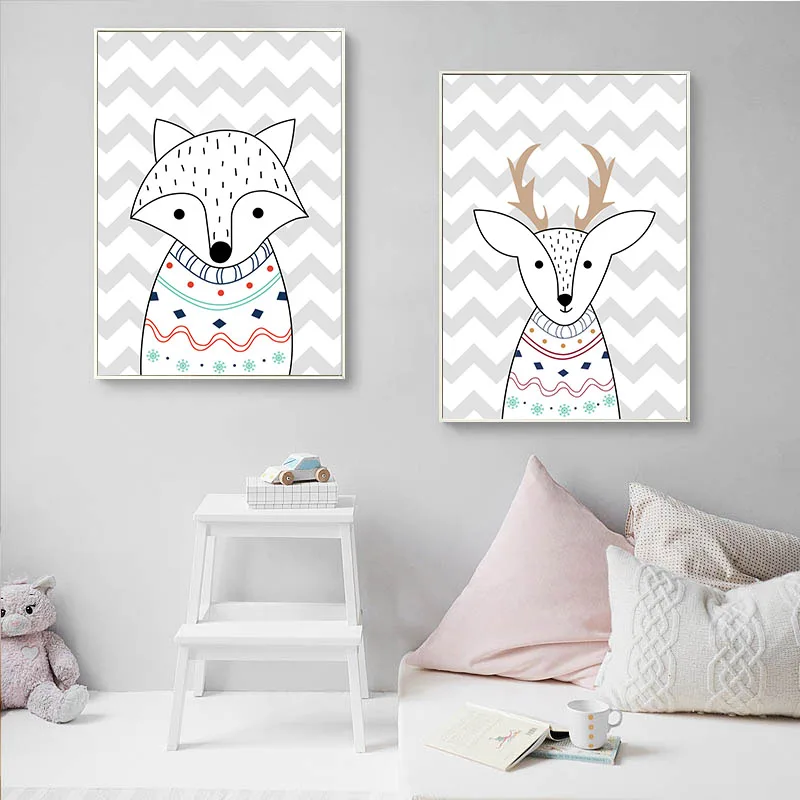 Лесной животный художественный холст плакат для детской печати лиса олень