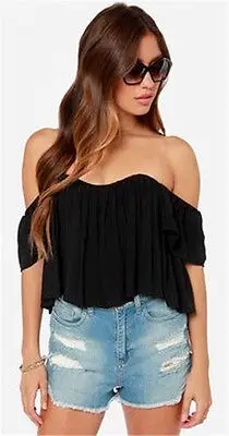 Women Sexy White Black Lace Off-shoulder Loose Top Ruffled Blouse Casual |