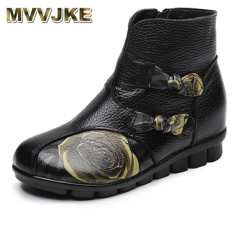 

MVVJKE Brand Women Flat Bottomed Floral Genuine Leather Boots Warm Cotton Shoes Folk Style Female Retro Mother Cowhide Shoes