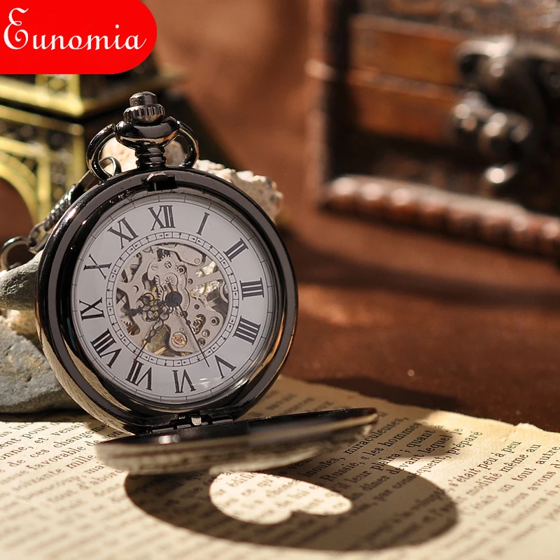 Black Love Heart Vintage Skeleton Mechanical Pocket Watch With Key Chain Fashion Cool Steampunk Antique Sales Gift | Наручные часы