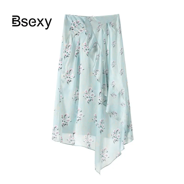 Faux Silk Skirt Women 2019 Self Portrait Flower Print Ruffle Irregular High Waist Kawaii Chiffon Long Midi spodnica | Женская одежда