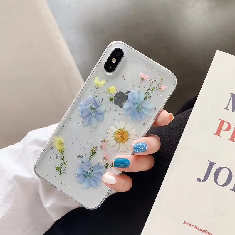 Tfshining INS Real Dried Flower Glitter Bling Case For iPhone 11 X 6 7 8 Plus XR XS Max Pro Transparent Girls Cover | Мобильные