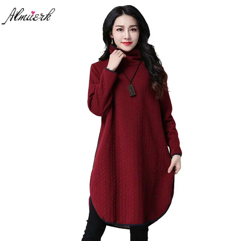 

thicken soild color women high collar T-shirt medium length long sleeves add fluff loose warm female T-shirt bottom shirt L295