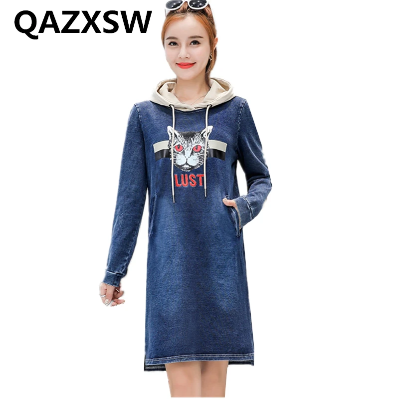 

2019 New Spring Dress Denim Dress Long-sleeved Large Size Loose Fashion Casual Print Sports Hooded Sweater Women Dresses ZW021
