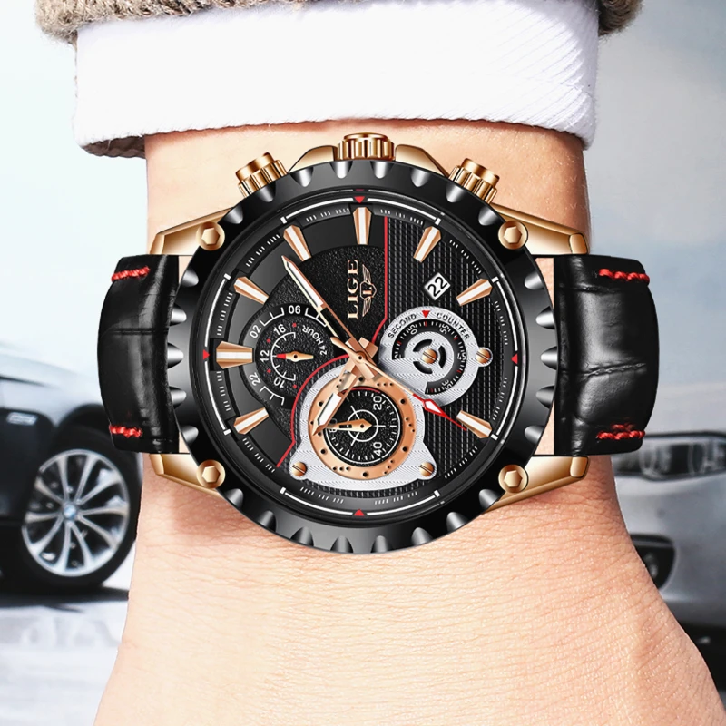 LIGE мужские часы Топ бренд Роскошные Кварцевые Золотые повседневные кожаные