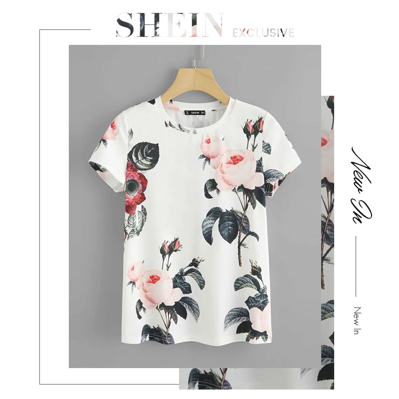 SHEIN, женская футболка с круглым вырезом и цветочным принтом,, Повседневная летняя футболка с коротким рукавом, белые женские топы на выход