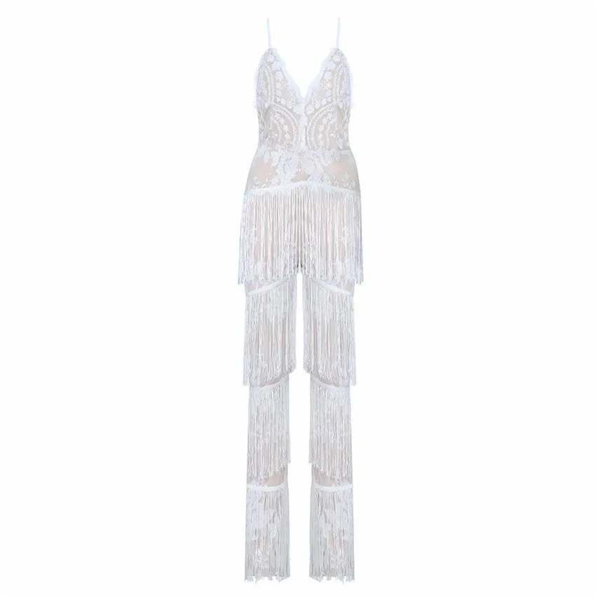 

Bevenccel New Sexy Women Bodycon Tassel Bodysuit 2020 Elegant V Neck Sequins Straps Backless Celebrity Party Women Jumpsuit