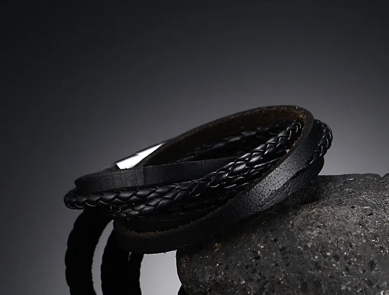 

2020 Korean Version Jewelry Trendy Weave PU Leather Men Bracelets Fashion Stainless Steel Male Bracelet Bangles For Mans