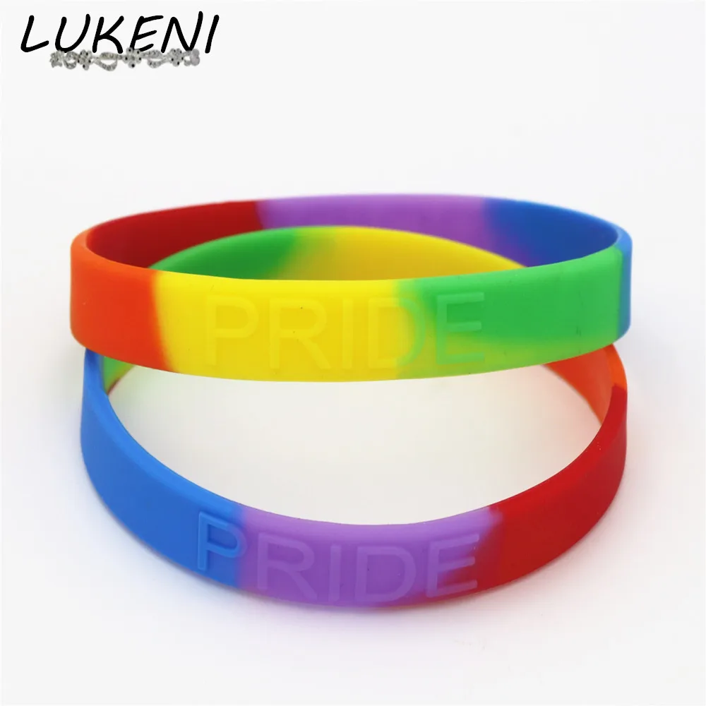 

LUKENI 50PCS Fashion Rainbow Colour Pride Silicone Wristband Embossed Logo Bracelet &Bangles Jewelry Wholesale SH083