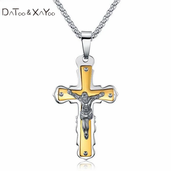 Дату с и XAYoo мужская Нержавеющей Стали Большой Крест Иисуса 3 тон Ожерелье Золотой