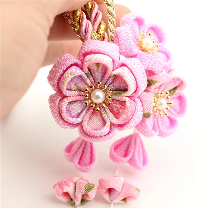 Японский стиль tsuami Kanzashi Розовый Красный Цветок сакуры заколка для волос кимоно гейши ручной работы головной убор HW001