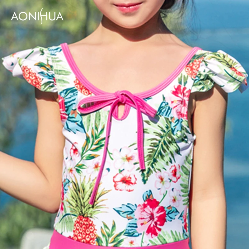 

AONIHUA Floral Sweet Girl One-piece Suits Bow tie String Romatic Angle Swimsuit Girls With Hat Batching Suit 2-12 Years old