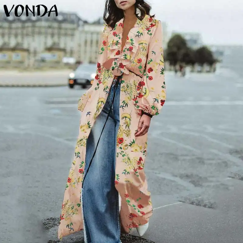 VONDA, новинка, женские блузки с цветочным принтом, сексуальные, v-образный вырез, длинный рукав, Длинные Топы, повседневные, свободные, размера плюс, рубашки с оборками, винтажные Топы - Цвет: Розовый